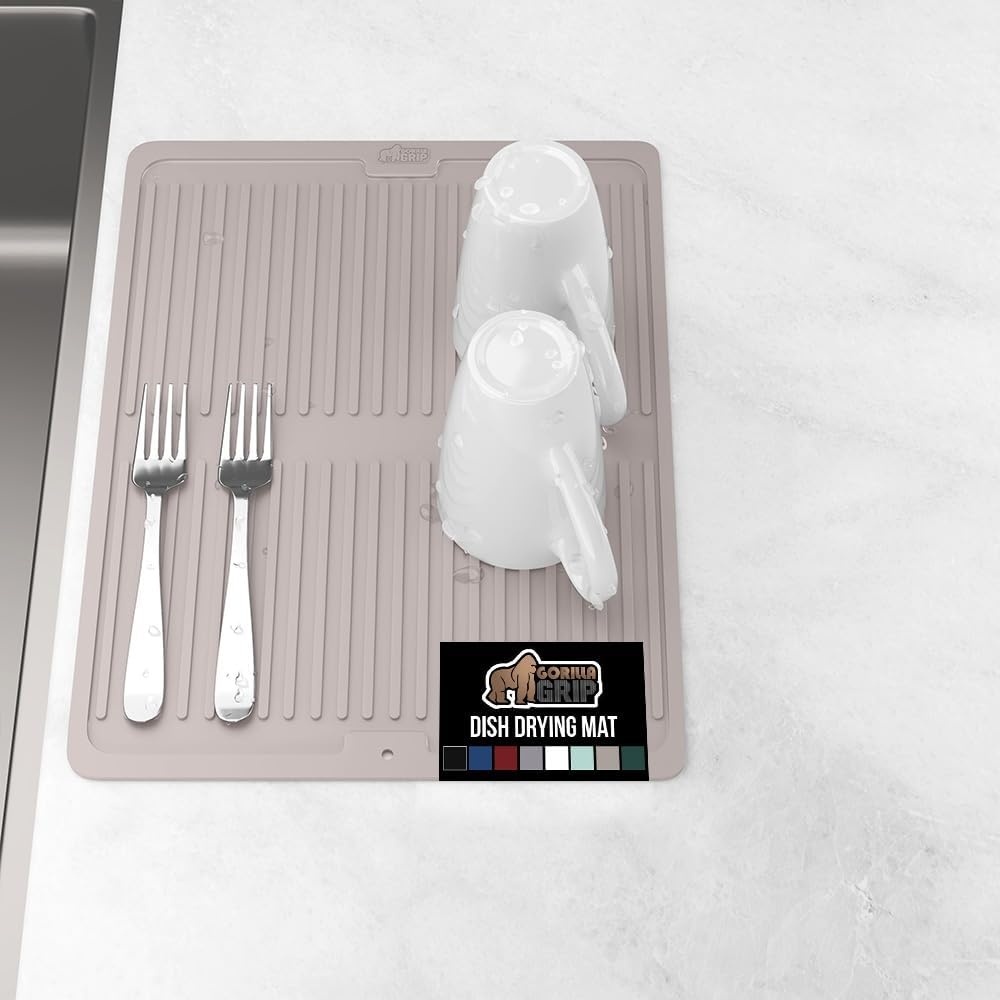 image:imageGORILLA GRIP Ultra Water Absorbent Microfiber Dish Drying Mat Quick Dry Thick Mesh Slip Resistant Pad for Sink Dishes or Under Rack Kitchen Counter Accessories Machine Wash Mats 18x16 Inch BlackAlmond