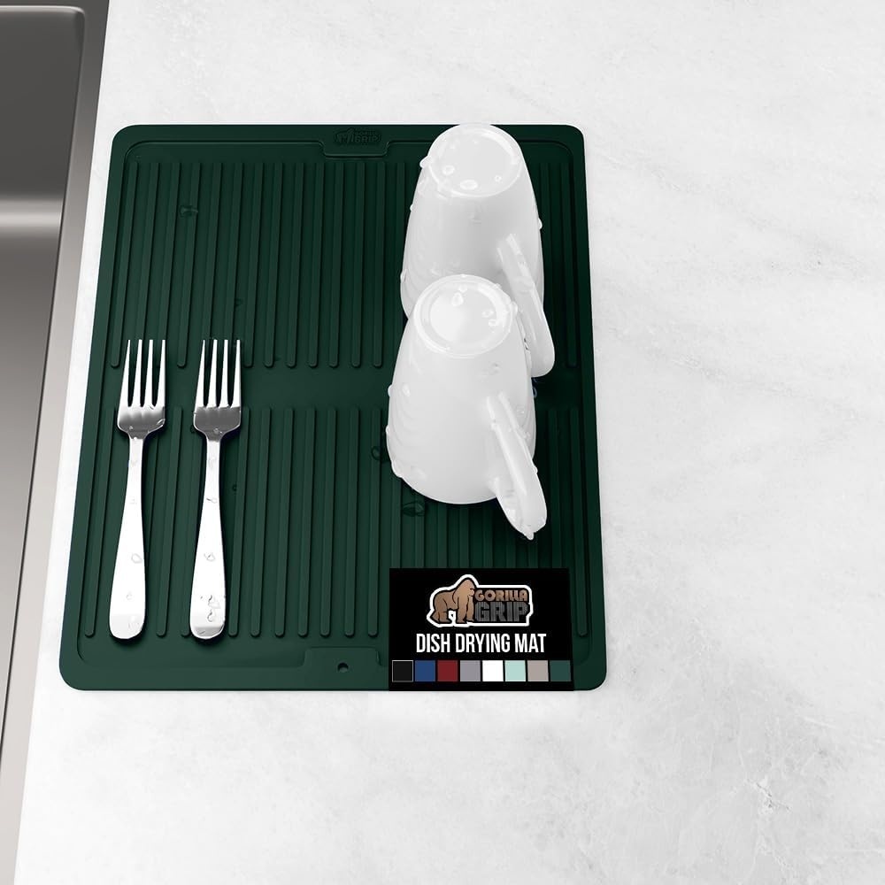 image:imageGORILLA GRIP Ultra Water Absorbent Microfiber Dish Drying Mat Quick Dry Thick Mesh Slip Resistant Pad for Sink Dishes or Under Rack Kitchen Counter Accessories Machine Wash Mats 18x16 Inch BlackHunter Green