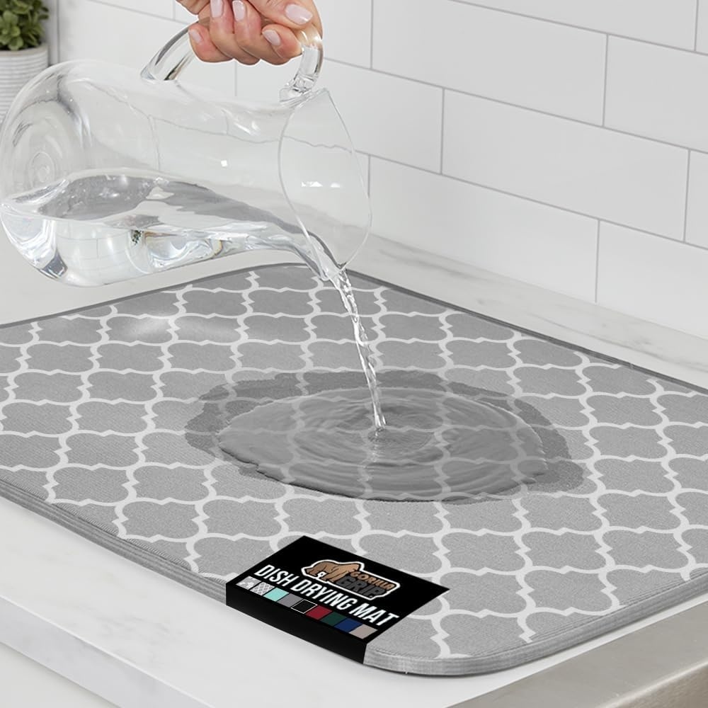 image:imageGORILLA GRIP Ultra Water Absorbent Microfiber Dish Drying Mat Quick Dry Thick Mesh Slip Resistant Pad for Sink Dishes or Under Rack Kitchen Counter Accessories Machine Wash Mats 18x16 Inch BlackQuatrefoil