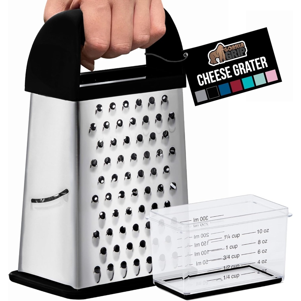 image:imageGORILLA GRIP XL 4Sided Stainless Steel Cheese Grater With Measurement Container BPAFree Box Grater Slip Resistant Base Grate Hard Parmesan Shred Veggies Zest Citrus Dishwasher Safe BlackBlack