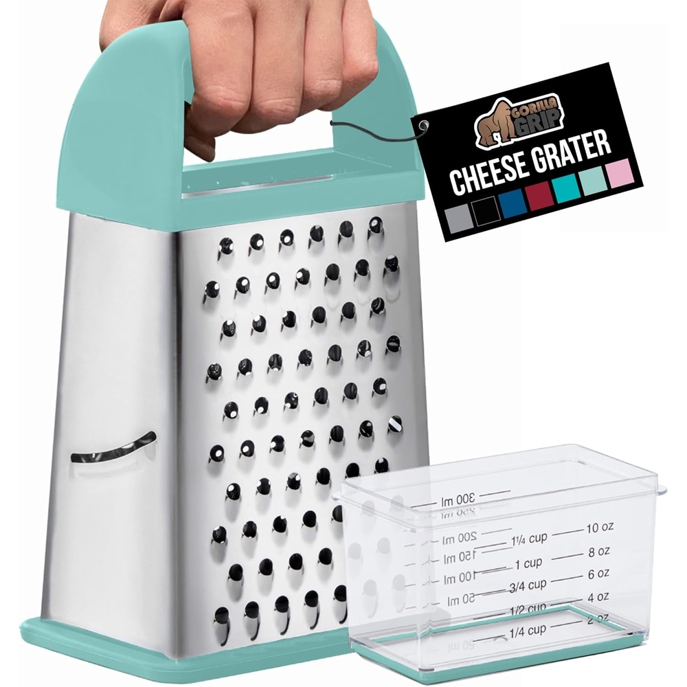 image:imageGORILLA GRIP XL 4Sided Stainless Steel Cheese Grater With Measurement Container BPAFree Box Grater Slip Resistant Base Grate Hard Parmesan Shred Veggies Zest Citrus Dishwasher Safe BlackMint