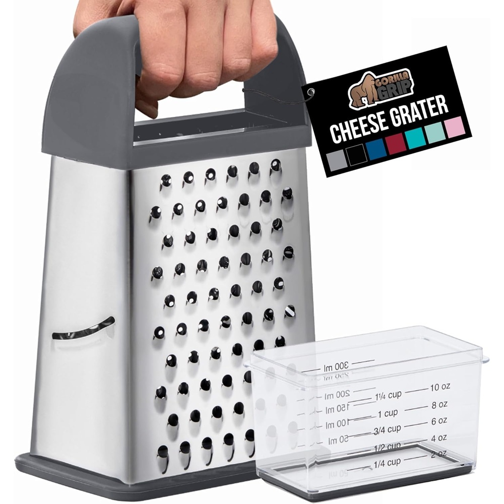 image:imageGORILLA GRIP XL 4Sided Stainless Steel Cheese Grater With Measurement Container BPAFree Box Grater Slip Resistant Base Grate Hard Parmesan Shred Veggies Zest Citrus Dishwasher Safe BlackGray