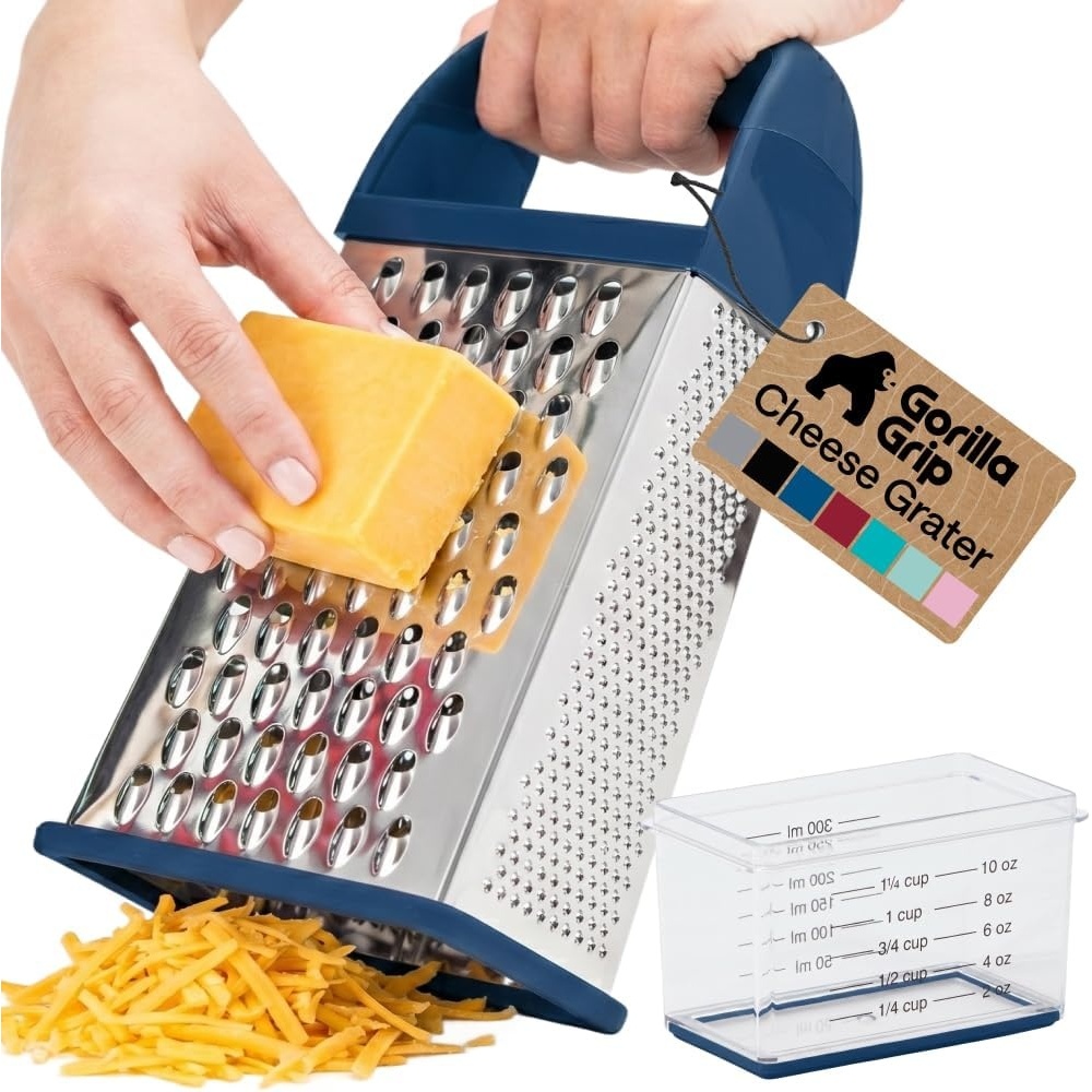image:imageGORILLA GRIP XL 4Sided Stainless Steel Cheese Grater With Measurement Container BPAFree Box Grater Slip Resistant Base Grate Hard Parmesan Shred Veggies Zest Citrus Dishwasher Safe BlackBlue