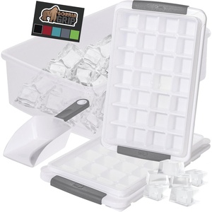image:imageGORILLA GRIP BPAFree Easy Release Ice Cube Tray for Freezer Make Lots of Ice 56 Cubes Total Kit Includes 2 Stackable Leakproof Trays with Lid and Soft Handle Grips Scooper Bin For Coffee BlackGray