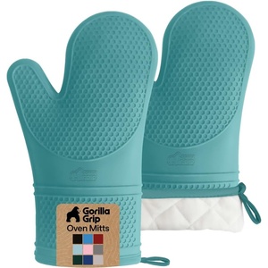 image:imageGORILLA GRIP BPAFree Soft Silicone Oven Mitts 550F Heat Resistant Waterproof Cooking Safety Gloves Thick Cotton Lining Flexible Gripping for BBQ Grilling Kitchen Potholders Set 125x83 BlackTurquoise