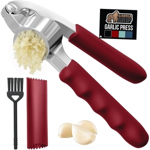 image:imageGORILLA GRIP Garlic Press and Peel Set Heavy Duty Mincer Tool Large Ergonomic Handle Easily Mince and Crush Garlics Ginger Nuts Seeds Peeler Included Peeling Cloves Kitchen Gadgets BlackRed