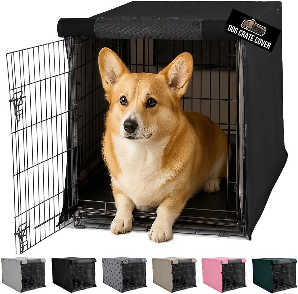 image:imageGORILLA GRIP Dog Crate Covers compatible with Amazon Basics Dog Crates All Sides Open Privacy Cover Fits 42 Wire Kennel Breathable Mesh Windows Light Reducing Puppy Training Cage Topper Gray PawBlack