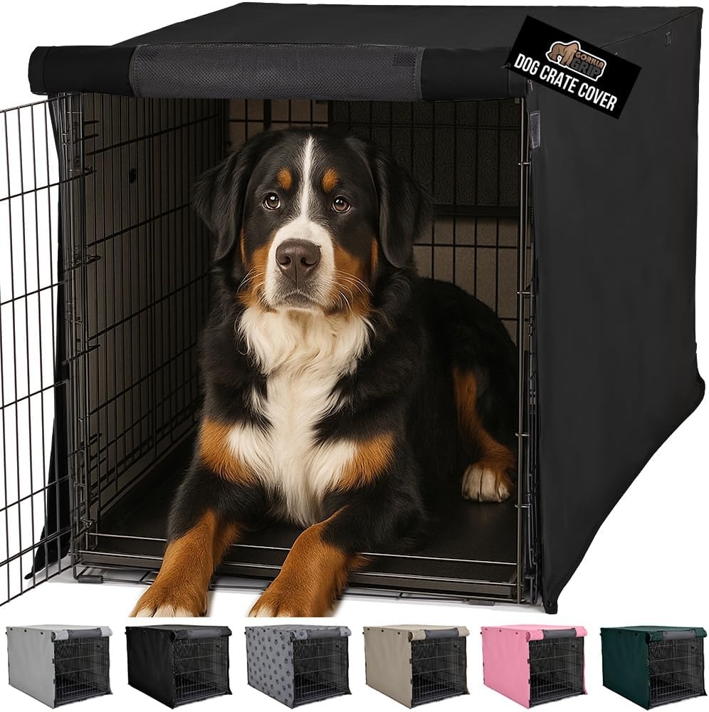 image:imageGORILLA GRIP Dog Crate Covers compatible with Amazon Basics Dog Crates All Sides Open Privacy Cover Fits 42 Wire Kennel Breathable Mesh Windows Light Reducing Puppy Training Cage Topper Gray PawBlack
