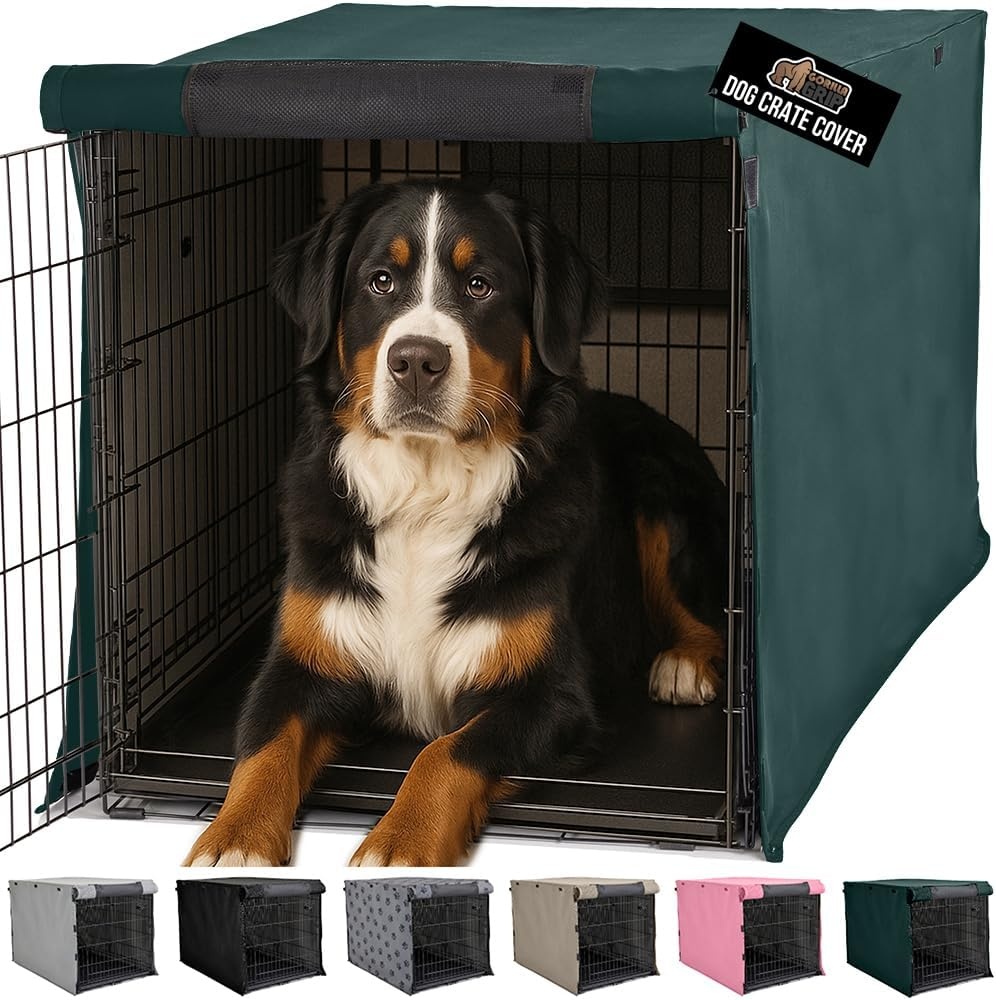 image:imageGORILLA GRIP Dog Crate Covers compatible with Amazon Basics Dog Crates All Sides Open Privacy Cover Fits 42 Wire Kennel Breathable Mesh Windows Light Reducing Puppy Training Cage Topper Gray PawHunter Green