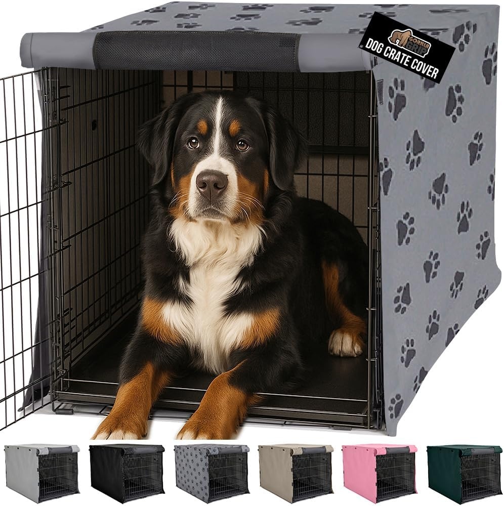 image:imageGORILLA GRIP Dog Crate Covers compatible with Amazon Basics Dog Crates All Sides Open Privacy Cover Fits 42 Wire Kennel Breathable Mesh Windows Light Reducing Puppy Training Cage Topper Gray PawGray Black Paw