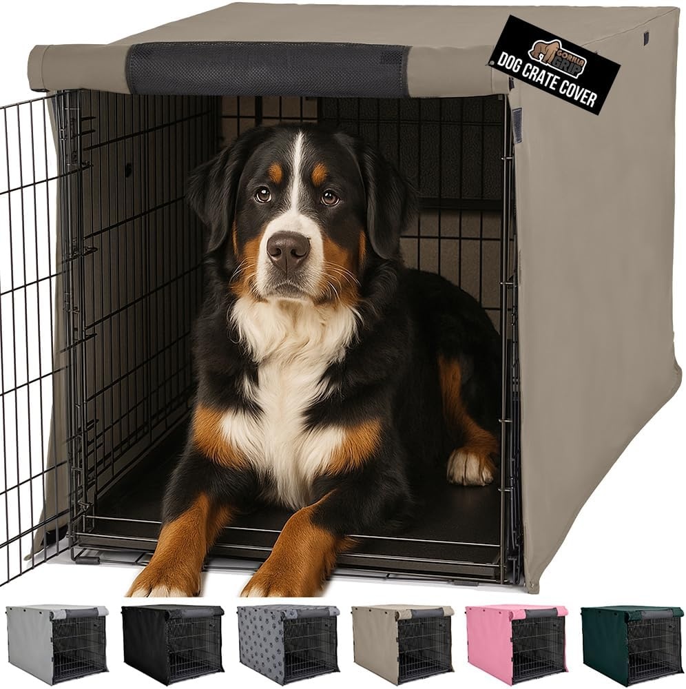 image:imageGORILLA GRIP Dog Crate Covers compatible with Amazon Basics Dog Crates All Sides Open Privacy Cover Fits 42 Wire Kennel Breathable Mesh Windows Light Reducing Puppy Training Cage Topper Gray PawLight Taupe