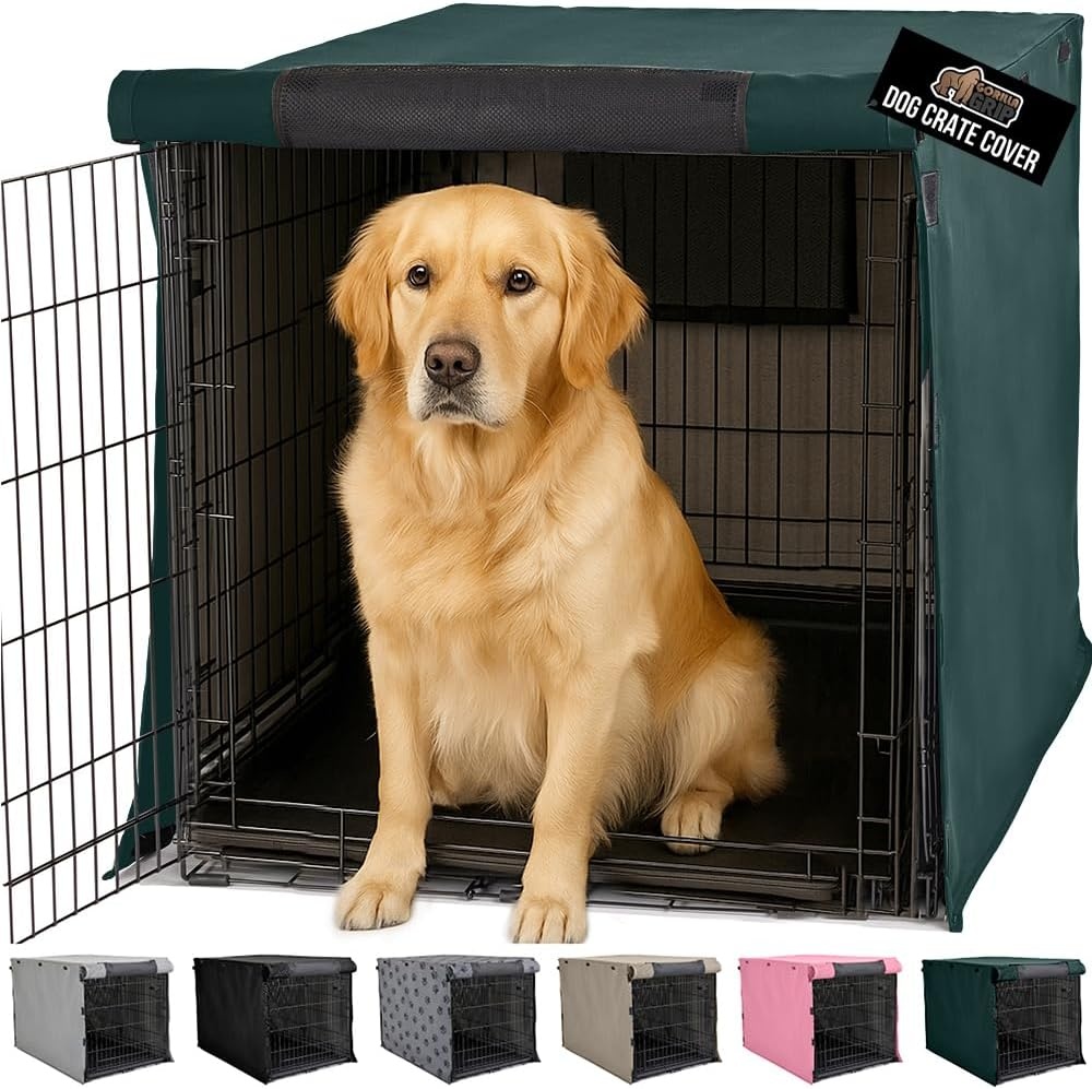 image:imageGORILLA GRIP Dog Crate Covers compatible with Amazon Basics Dog Crates All Sides Open Privacy Cover Fits 42 Wire Kennel Breathable Mesh Windows Light Reducing Puppy Training Cage Topper Gray PawHunter Green