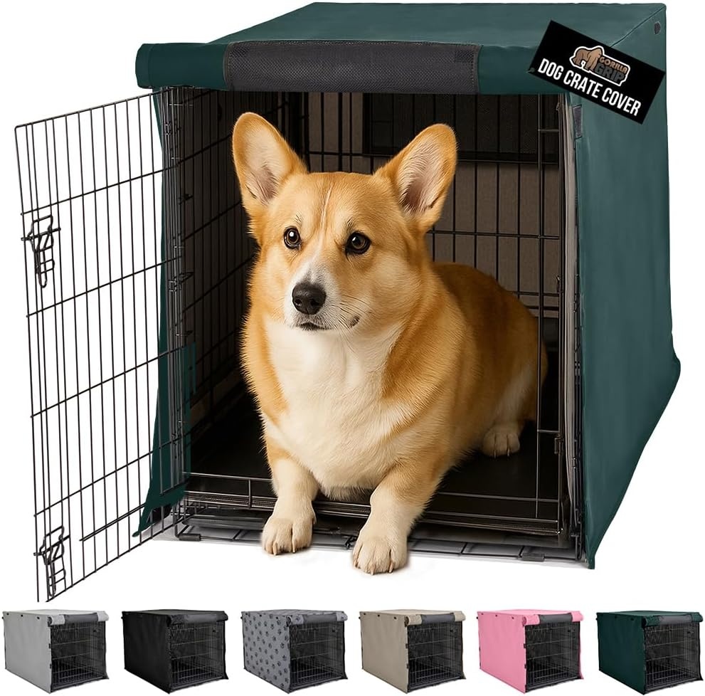 image:imageGORILLA GRIP Dog Crate Covers compatible with Amazon Basics Dog Crates All Sides Open Privacy Cover Fits 42 Wire Kennel Breathable Mesh Windows Light Reducing Puppy Training Cage Topper Gray PawHunter Green