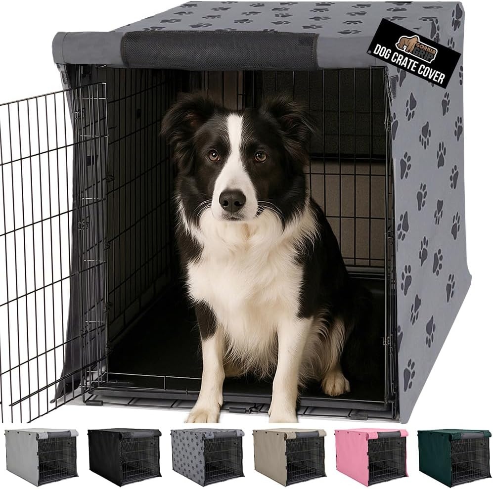 image:imageGORILLA GRIP Dog Crate Covers compatible with Amazon Basics Dog Crates All Sides Open Privacy Cover Fits 42 Wire Kennel Breathable Mesh Windows Light Reducing Puppy Training Cage Topper Gray PawGray Black Paw