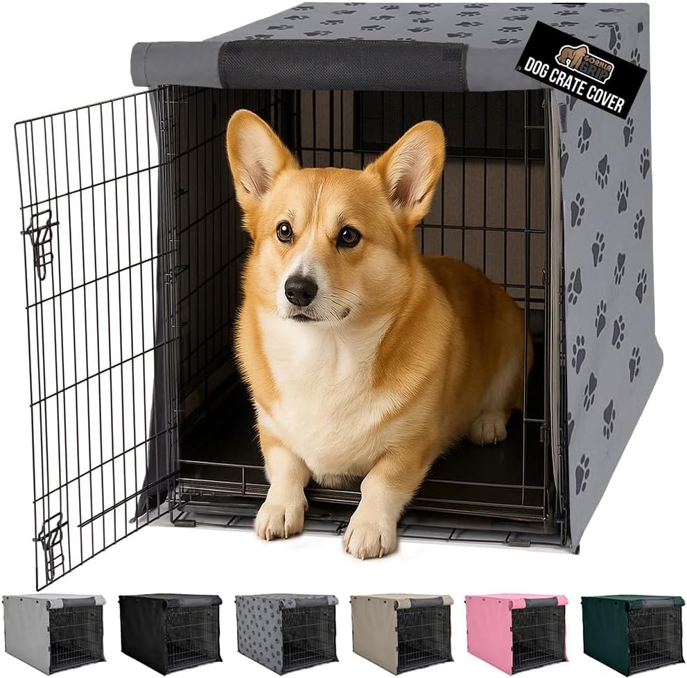 image:imageGORILLA GRIP Dog Crate Covers compatible with Amazon Basics Dog Crates All Sides Open Privacy Cover Fits 42 Wire Kennel Breathable Mesh Windows Light Reducing Puppy Training Cage Topper Gray PawGray Black Paw