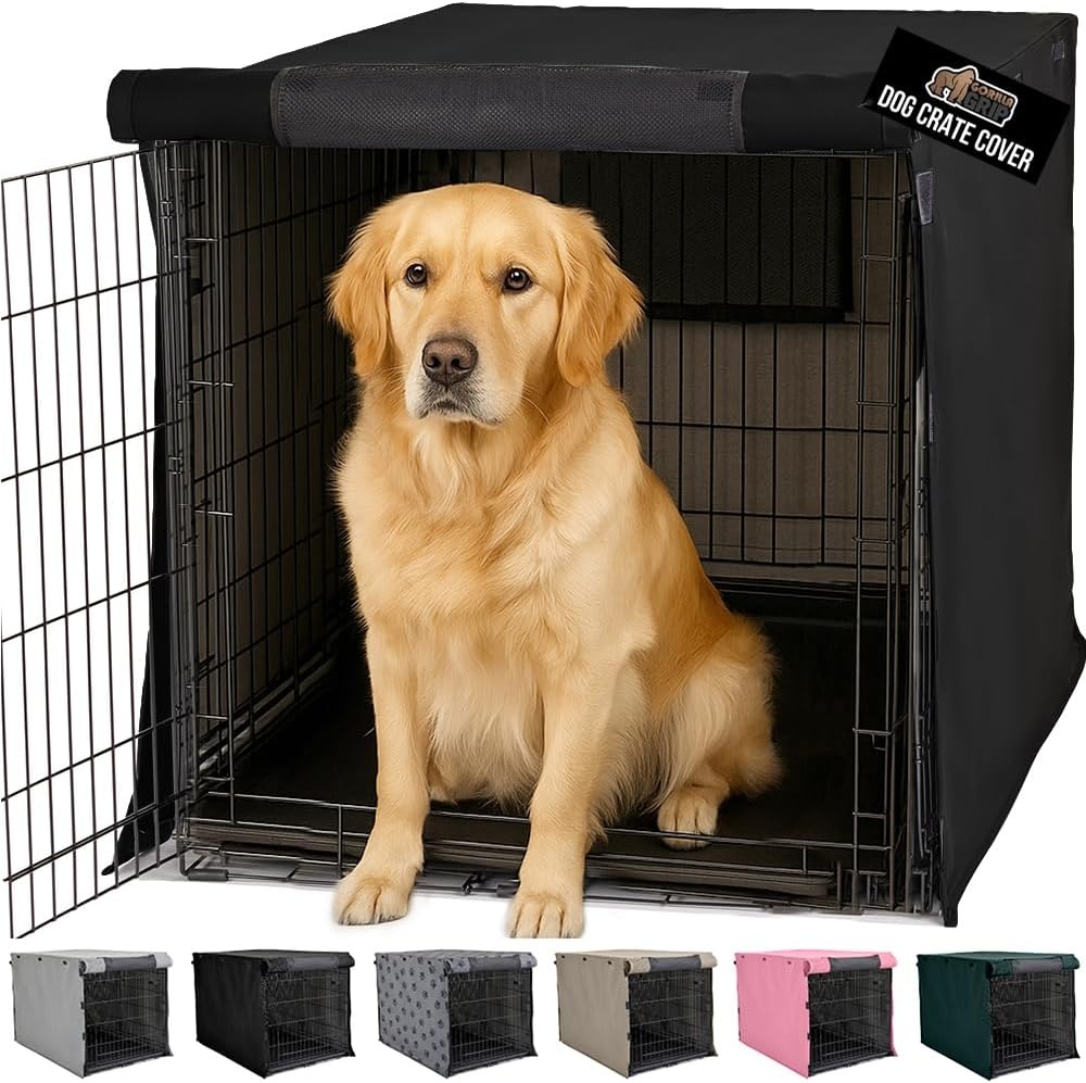 image:imageGORILLA GRIP Dog Crate Covers compatible with Amazon Basics Dog Crates All Sides Open Privacy Cover Fits 42 Wire Kennel Breathable Mesh Windows Light Reducing Puppy Training Cage Topper Gray PawBlack