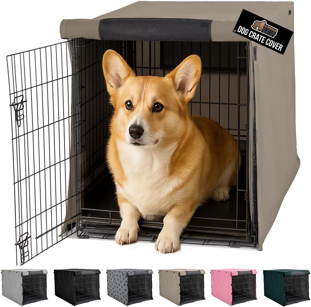 image:imageGORILLA GRIP Dog Crate Covers compatible with Amazon Basics Dog Crates All Sides Open Privacy Cover Fits 42 Wire Kennel Breathable Mesh Windows Light Reducing Puppy Training Cage Topper Gray PawLight Taupe