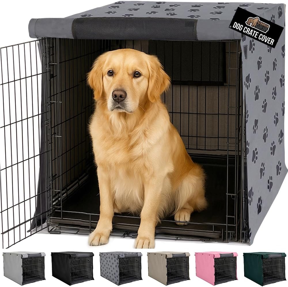 image:imageGORILLA GRIP Dog Crate Covers compatible with Amazon Basics Dog Crates All Sides Open Privacy Cover Fits 42 Wire Kennel Breathable Mesh Windows Light Reducing Puppy Training Cage Topper Gray PawGray Black Paw