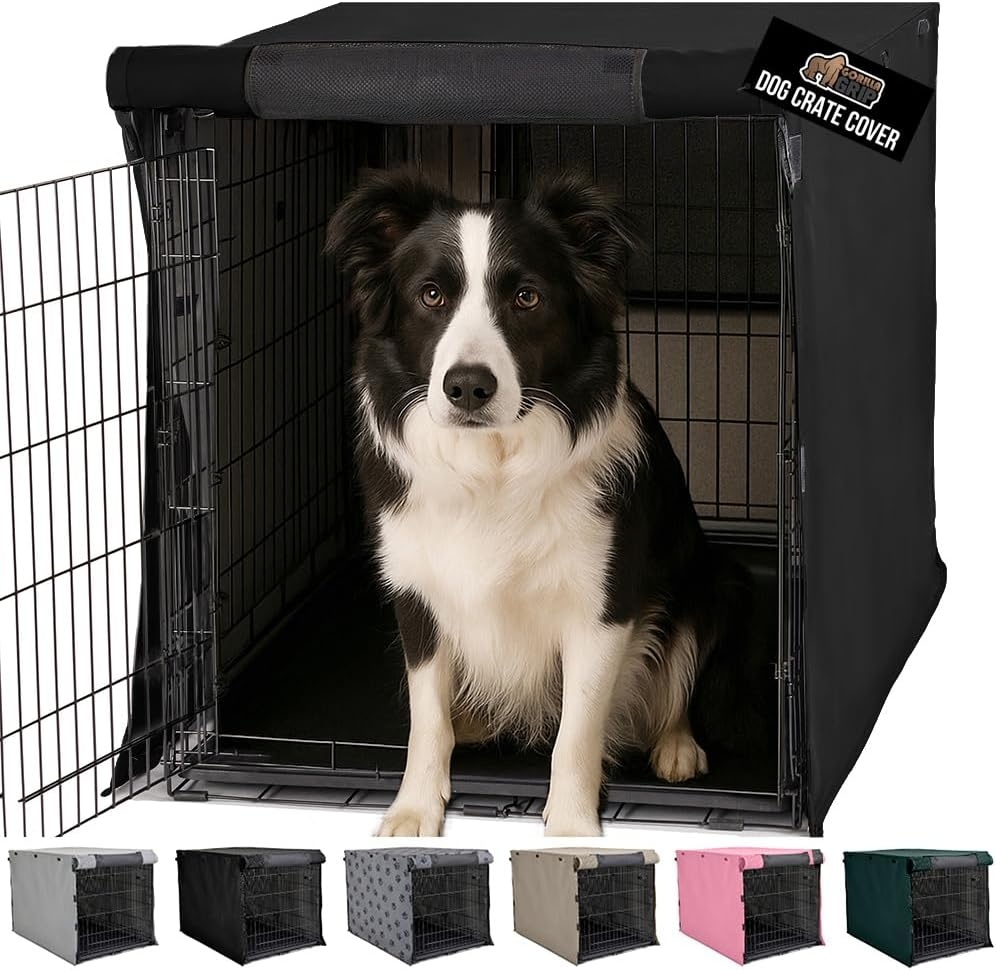 image:imageGORILLA GRIP Dog Crate Covers compatible with Amazon Basics Dog Crates All Sides Open Privacy Cover Fits 42 Wire Kennel Breathable Mesh Windows Light Reducing Puppy Training Cage Topper Gray PawBlack