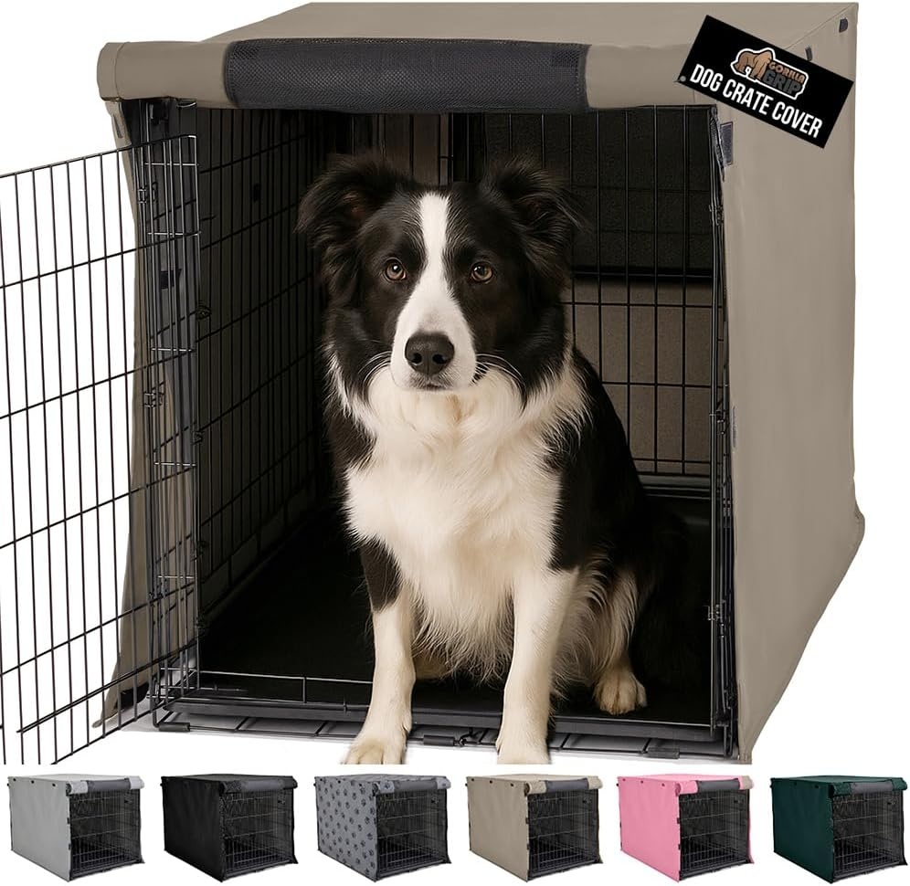 image:imageGORILLA GRIP Dog Crate Covers compatible with Amazon Basics Dog Crates All Sides Open Privacy Cover Fits 42 Wire Kennel Breathable Mesh Windows Light Reducing Puppy Training Cage Topper Gray PawLight Taupe