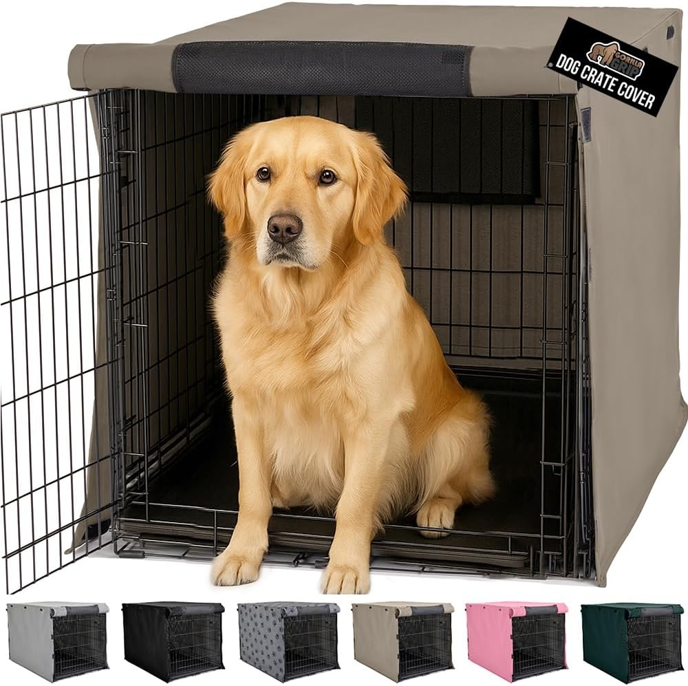 image:imageGORILLA GRIP Dog Crate Covers compatible with Amazon Basics Dog Crates All Sides Open Privacy Cover Fits 42 Wire Kennel Breathable Mesh Windows Light Reducing Puppy Training Cage Topper Gray PawLight Taupe