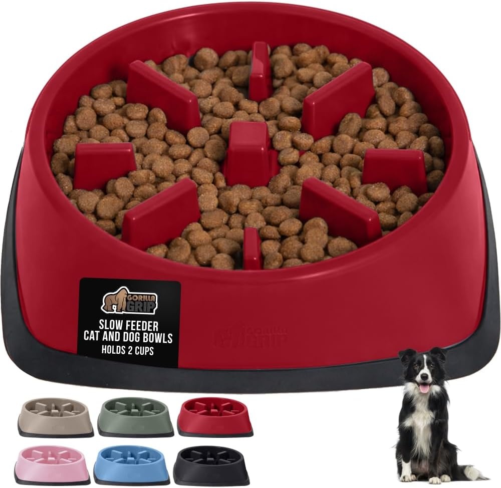 image:imageGORILLA GRIP Patented BPA Free Slow Feeder Dog Bowls Interactive Puzzle Toy for Dogs and Cats Food Training Enrichment Keeps Pets Busy and Prevents Puppy Overeating All Breeds 2 Cup GrayRed
