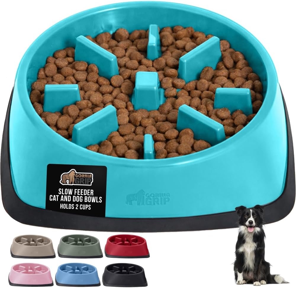 image:imageGORILLA GRIP Patented BPA Free Slow Feeder Dog Bowls Interactive Puzzle Toy for Dogs and Cats Food Training Enrichment Keeps Pets Busy and Prevents Puppy Overeating All Breeds 2 Cup GrayTurquoise