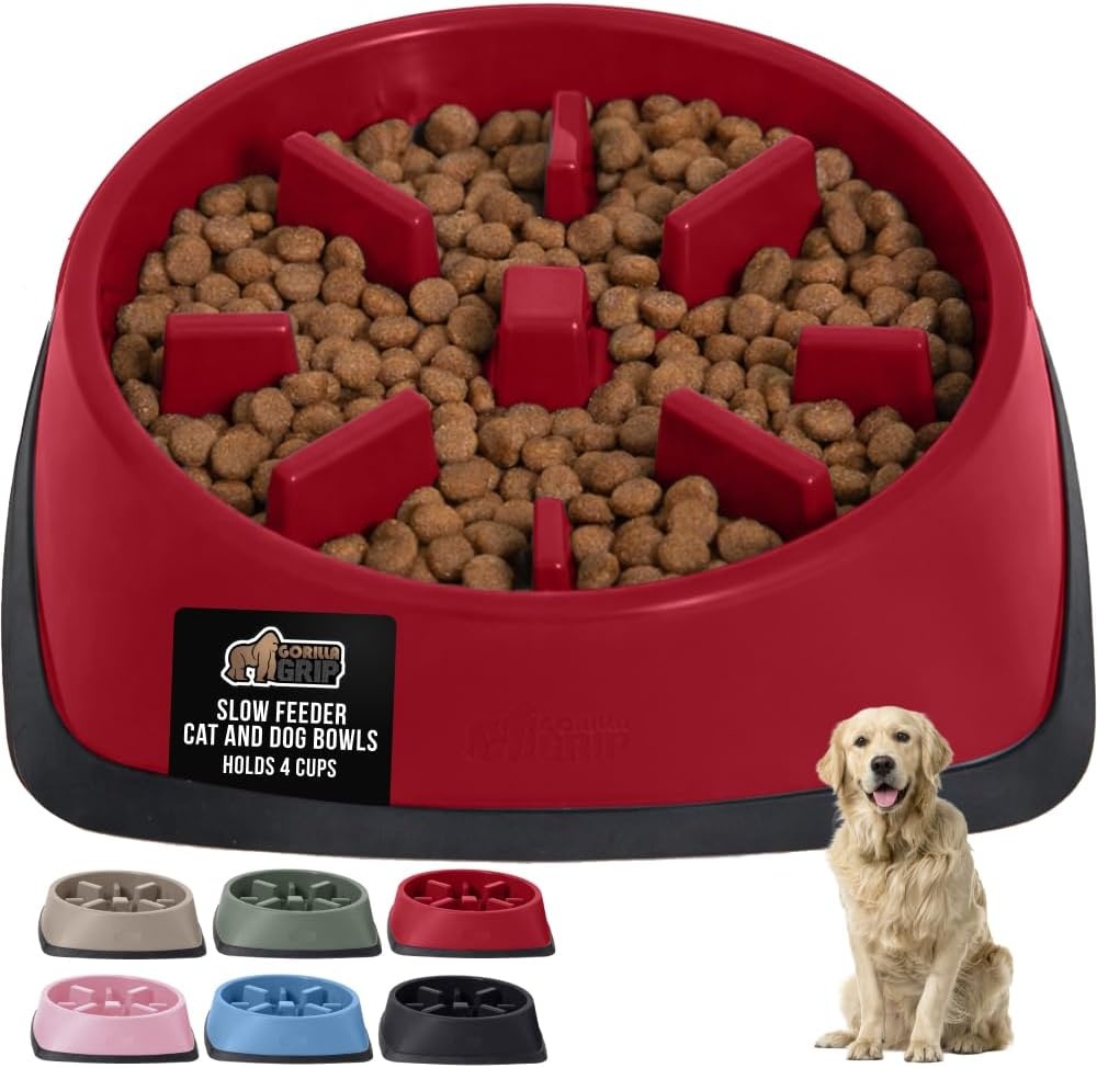 image:imageGORILLA GRIP Patented BPA Free Slow Feeder Dog Bowls Interactive Puzzle Toy for Dogs and Cats Food Training Enrichment Keeps Pets Busy and Prevents Puppy Overeating All Breeds 2 Cup GrayRed