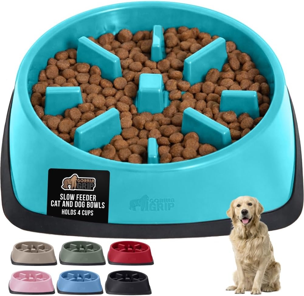 image:imageGORILLA GRIP Patented BPA Free Slow Feeder Dog Bowls Interactive Puzzle Toy for Dogs and Cats Food Training Enrichment Keeps Pets Busy and Prevents Puppy Overeating All Breeds 2 Cup GrayTurquoise