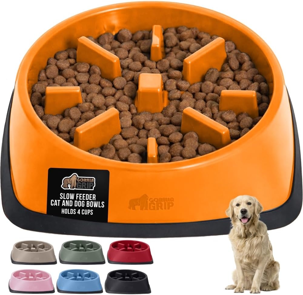 image:imageGORILLA GRIP Patented BPA Free Slow Feeder Dog Bowls Interactive Puzzle Toy for Dogs and Cats Food Training Enrichment Keeps Pets Busy and Prevents Puppy Overeating All Breeds 2 Cup GrayOrange