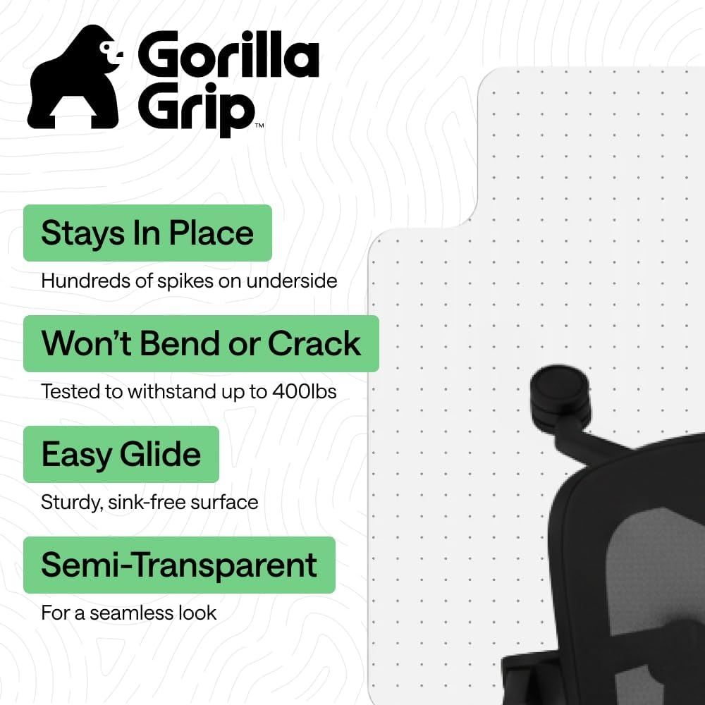 image:imageGORILLA GRIP Slip Resistant Clear Office Chair Mat for Carpet Floors Smooth Rolling Glide Under Desk Heavy Duty Plastic Computer Mats and Carpeted Floor Protector Work and Gaming Chairs 29x47Carpet Floor with Lip