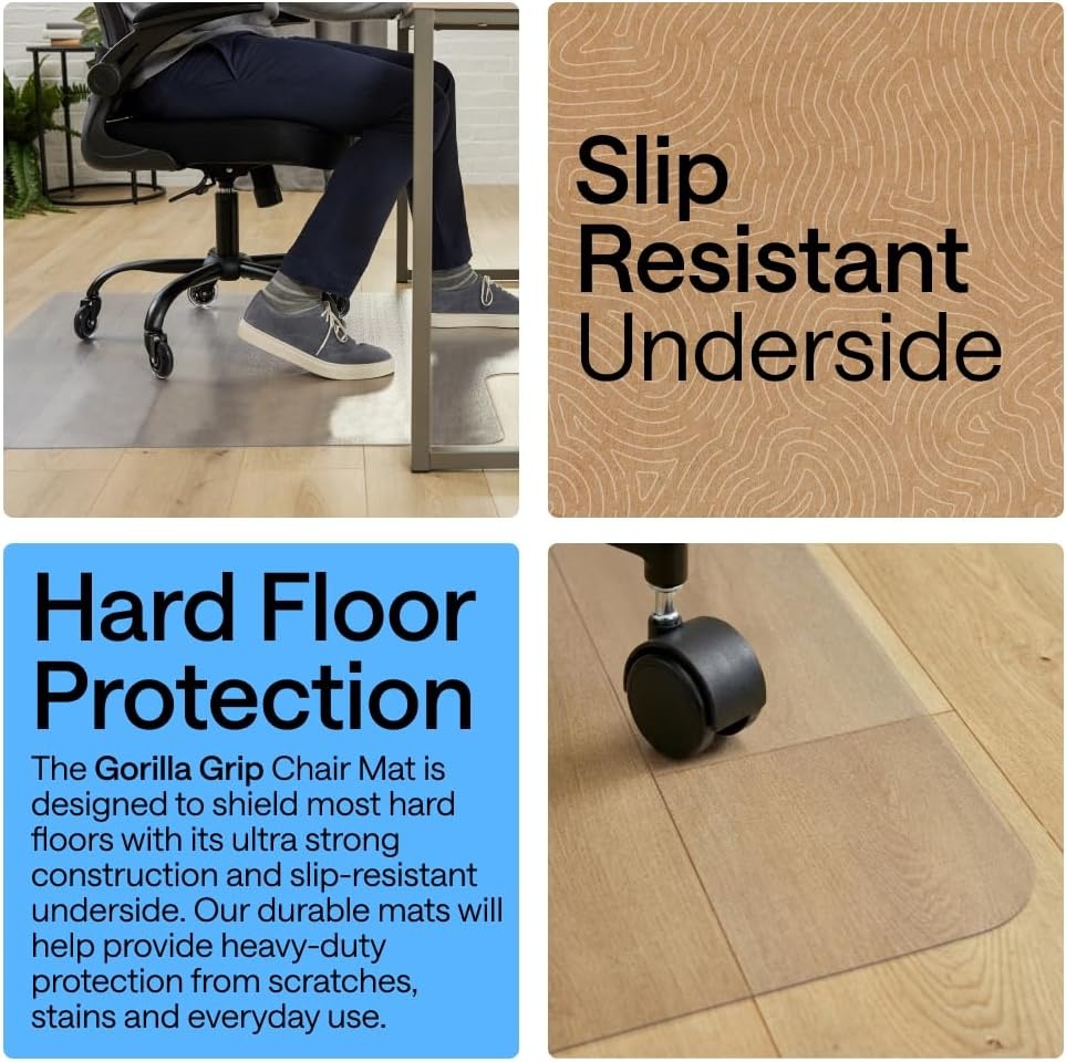 image:imageGORILLA GRIP Slip Resistant Clear Office Chair Mat for Carpet Floors Smooth Rolling Glide Under Desk Heavy Duty Plastic Computer Mats and Carpeted Floor Protector Work and Gaming Chairs 29x47Hardwood Floor with Lip