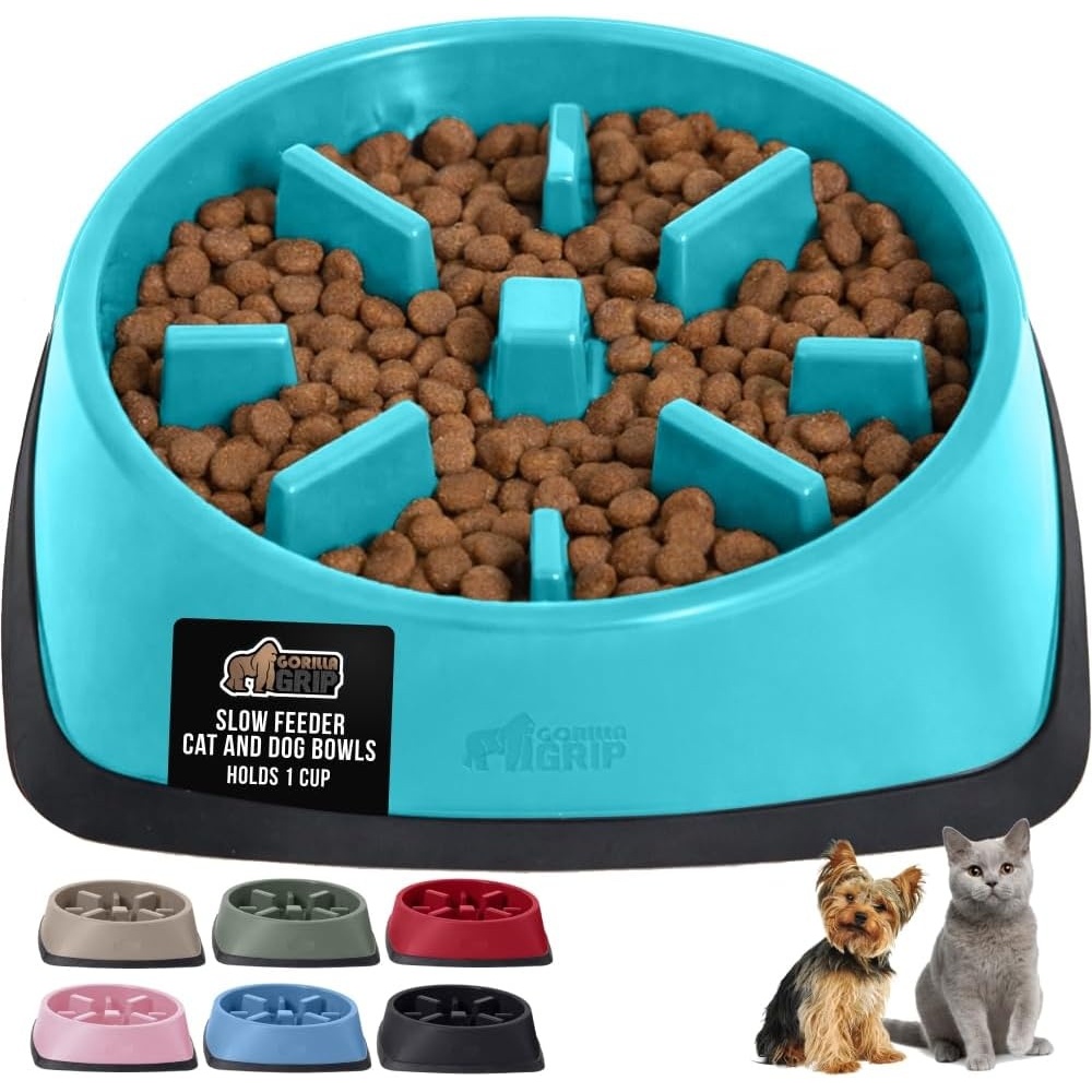 image:imageGORILLA GRIP Patented BPA Free Slow Feeder Dog Bowls Interactive Puzzle Toy for Dogs and Cats Food Training Enrichment Keeps Pets Busy and Prevents Puppy Overeating All Breeds 2 Cup GrayTurquoise