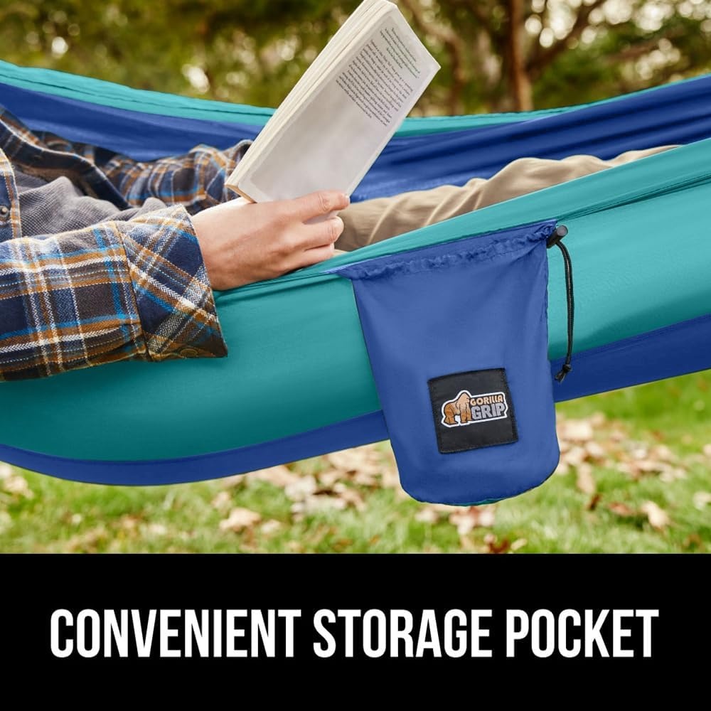 image:imageGORILLA GRIP Durable Camping Hammock with Heavy Duty Tree Straps Portable Hammocks for Outside Easy to Use Travel Swing Chair Outdoor Camper Hiker Essentials Backpacking Gear Gifts Single BlueDark BlueLight Blue