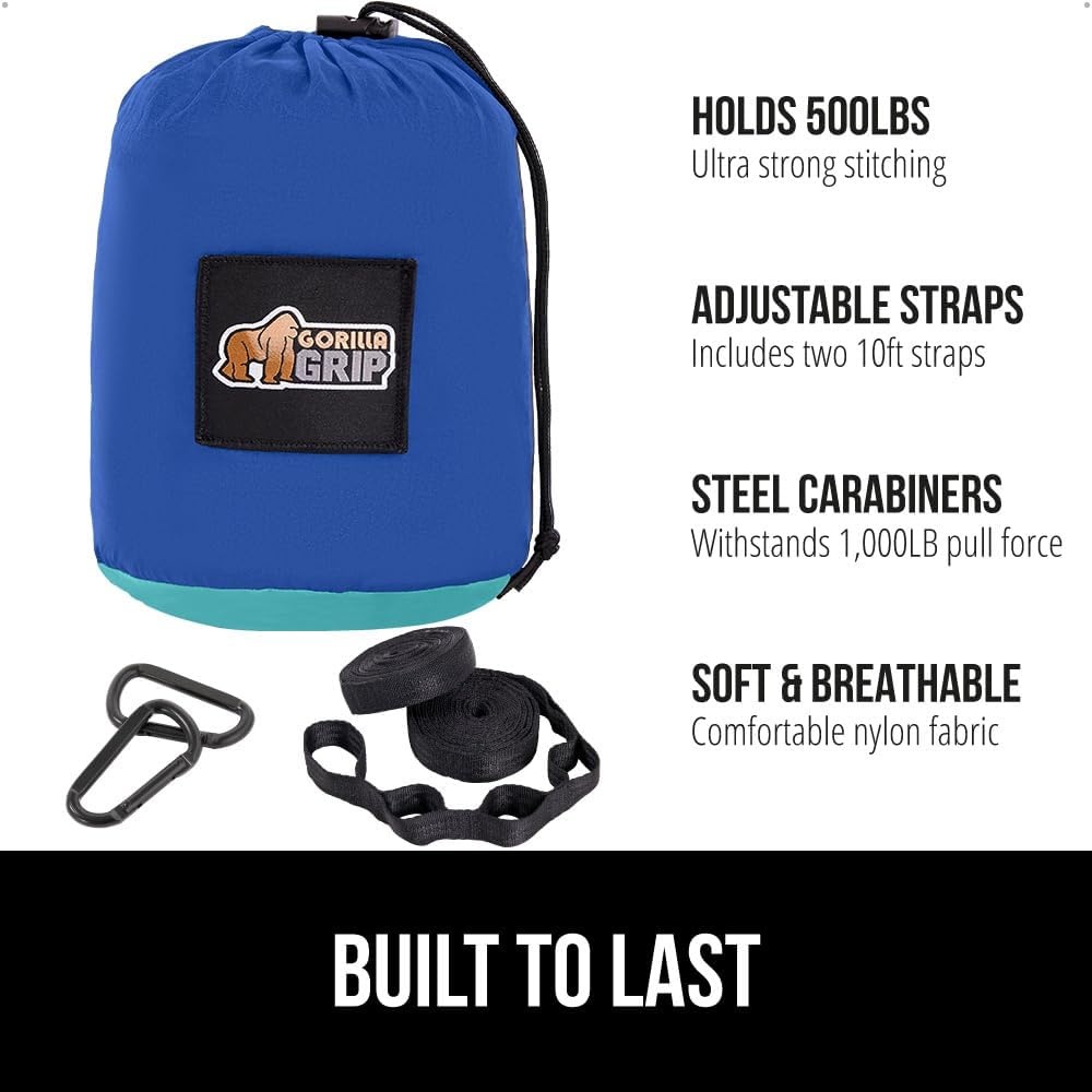 image:imageGORILLA GRIP Durable Camping Hammock with Heavy Duty Tree Straps Portable Hammocks for Outside Easy to Use Travel Swing Chair Outdoor Camper Hiker Essentials Backpacking Gear Gifts Single BlueDark BlueLight Blue