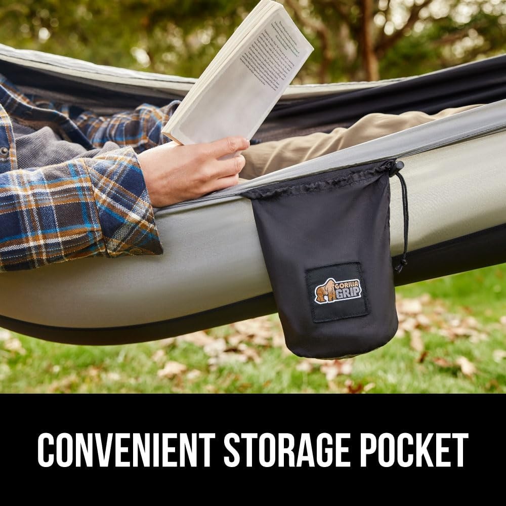 image:imageGORILLA GRIP Durable Camping Hammock with Heavy Duty Tree Straps Portable Hammocks for Outside Easy to Use Travel Swing Chair Outdoor Camper Hiker Essentials Backpacking Gear Gifts Single BlueBlackGrey