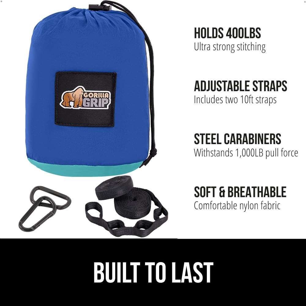 image:imageGORILLA GRIP Durable Camping Hammock with Heavy Duty Tree Straps Portable Hammocks for Outside Easy to Use Travel Swing Chair Outdoor Camper Hiker Essentials Backpacking Gear Gifts Single BlueDark BlueLight Blue