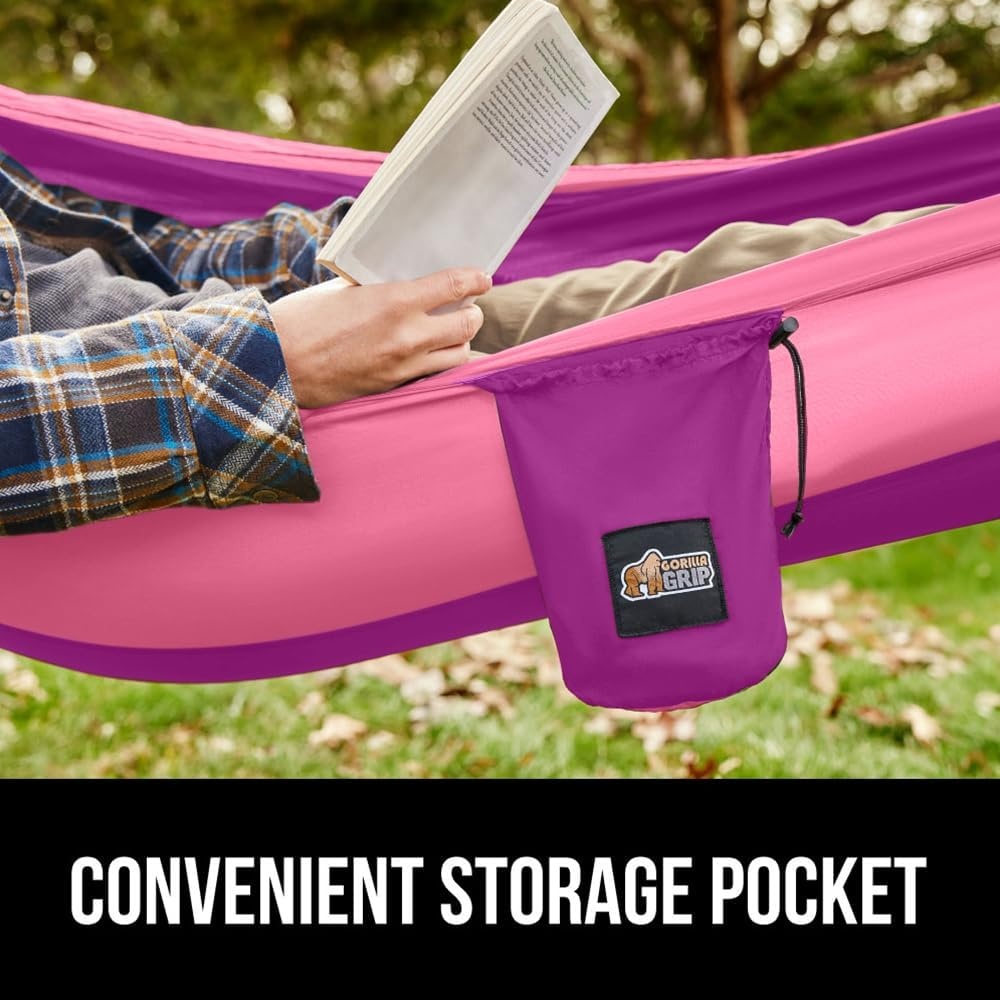 image:imageGORILLA GRIP Durable Camping Hammock with Heavy Duty Tree Straps Portable Hammocks for Outside Easy to Use Travel Swing Chair Outdoor Camper Hiker Essentials Backpacking Gear Gifts Single BluePurplePink