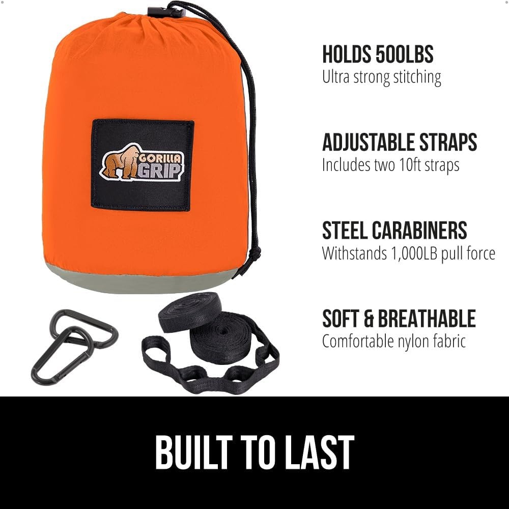 image:imageGORILLA GRIP Durable Camping Hammock with Heavy Duty Tree Straps Portable Hammocks for Outside Easy to Use Travel Swing Chair Outdoor Camper Hiker Essentials Backpacking Gear Gifts Single BlueOrangeGrey