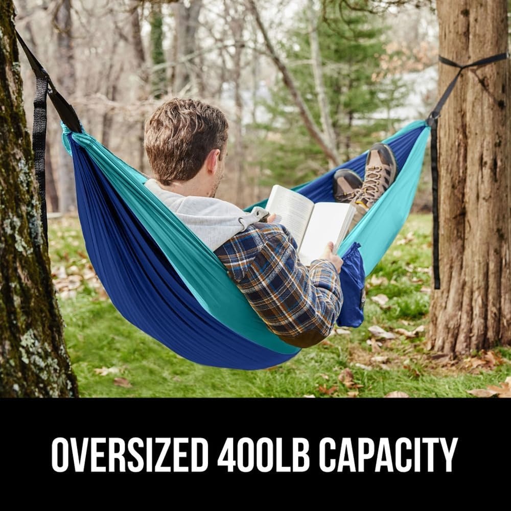 image:imageGORILLA GRIP Durable Camping Hammock with Heavy Duty Tree Straps Portable Hammocks for Outside Easy to Use Travel Swing Chair Outdoor Camper Hiker Essentials Backpacking Gear Gifts Single BlueDark BlueLight Blue
