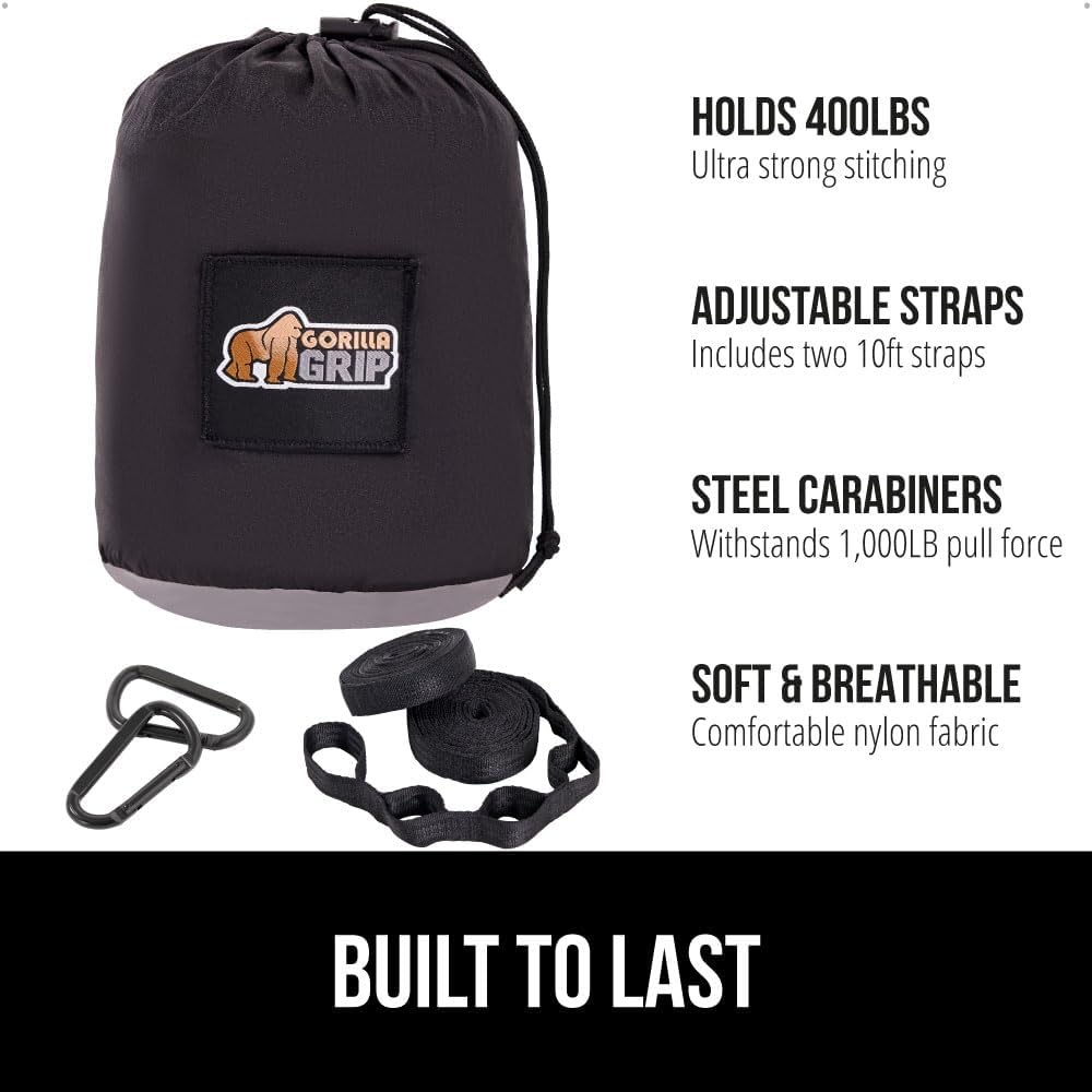 image:imageGORILLA GRIP Durable Camping Hammock with Heavy Duty Tree Straps Portable Hammocks for Outside Easy to Use Travel Swing Chair Outdoor Camper Hiker Essentials Backpacking Gear Gifts Single BlueBlackGrey
