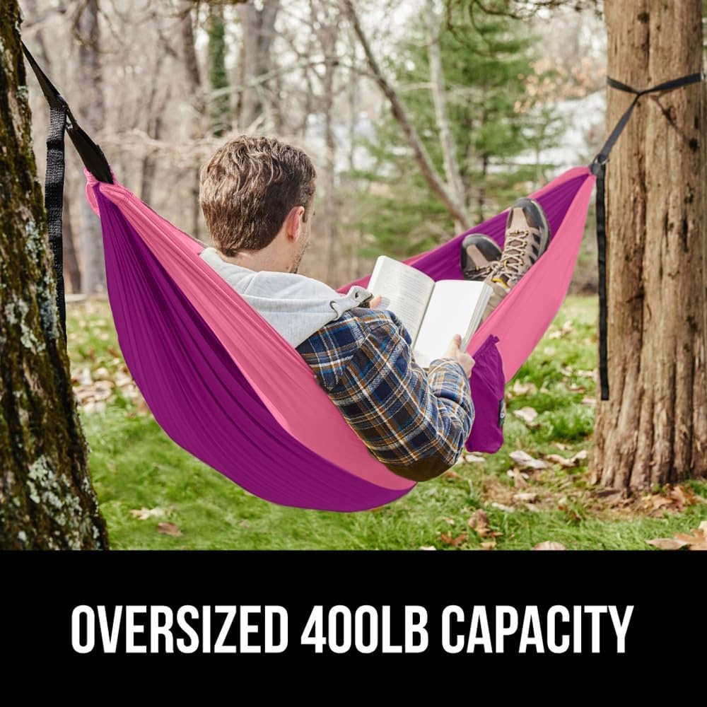image:imageGORILLA GRIP Durable Camping Hammock with Heavy Duty Tree Straps Portable Hammocks for Outside Easy to Use Travel Swing Chair Outdoor Camper Hiker Essentials Backpacking Gear Gifts Single BluePurplePink