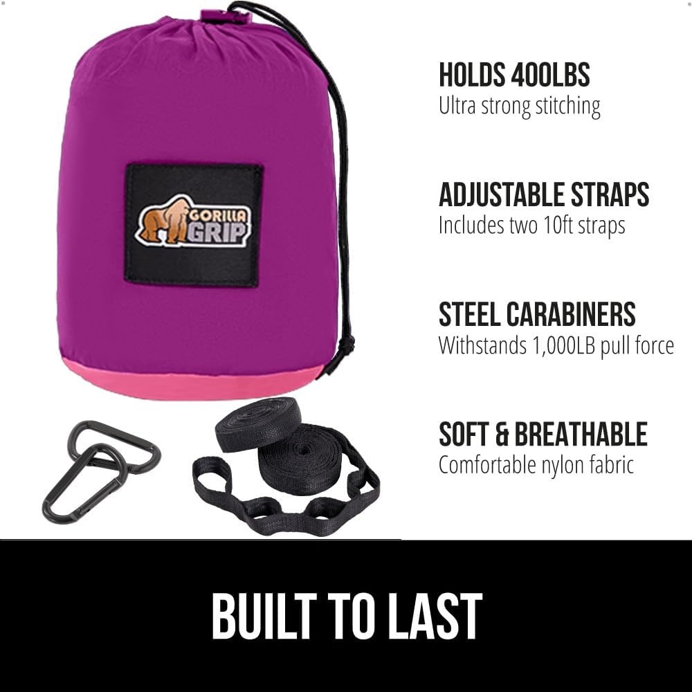 image:imageGORILLA GRIP Durable Camping Hammock with Heavy Duty Tree Straps Portable Hammocks for Outside Easy to Use Travel Swing Chair Outdoor Camper Hiker Essentials Backpacking Gear Gifts Single BluePurplePink