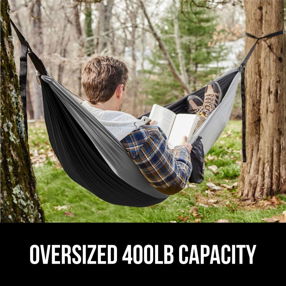 image:imageGORILLA GRIP Durable Camping Hammock with Heavy Duty Tree Straps Portable Hammocks for Outside Easy to Use Travel Swing Chair Outdoor Camper Hiker Essentials Backpacking Gear Gifts Single BlueBlackGrey