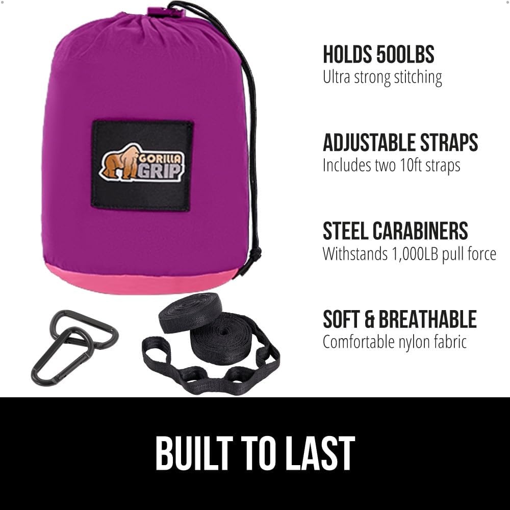 image:imageGORILLA GRIP Durable Camping Hammock with Heavy Duty Tree Straps Portable Hammocks for Outside Easy to Use Travel Swing Chair Outdoor Camper Hiker Essentials Backpacking Gear Gifts Single BluePurplePink
