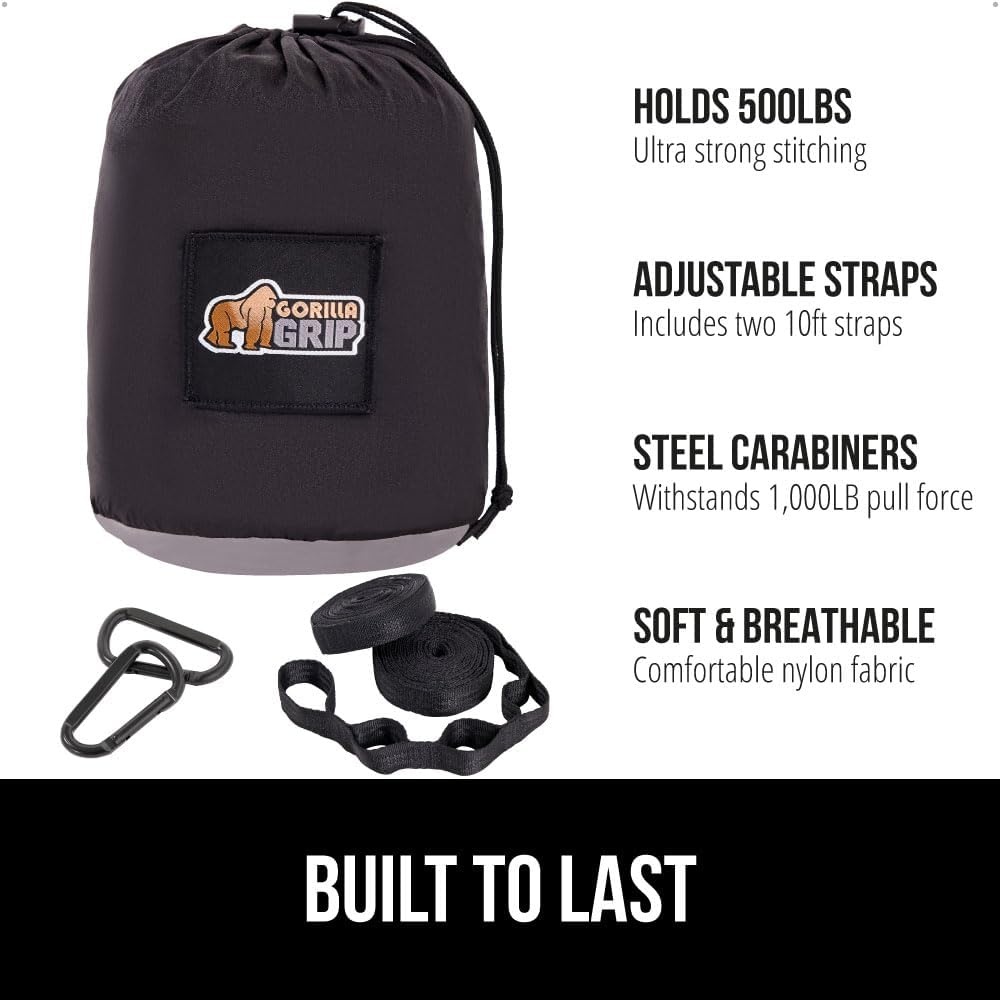 image:imageGORILLA GRIP Durable Camping Hammock with Heavy Duty Tree Straps Portable Hammocks for Outside Easy to Use Travel Swing Chair Outdoor Camper Hiker Essentials Backpacking Gear Gifts Single BlueBlackGrey