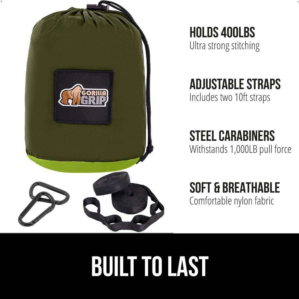 image:imageGORILLA GRIP Durable Camping Hammock with Heavy Duty Tree Straps Portable Hammocks for Outside Easy to Use Travel Swing Chair Outdoor Camper Hiker Essentials Backpacking Gear Gifts Single BlueDark GreenLight Green
