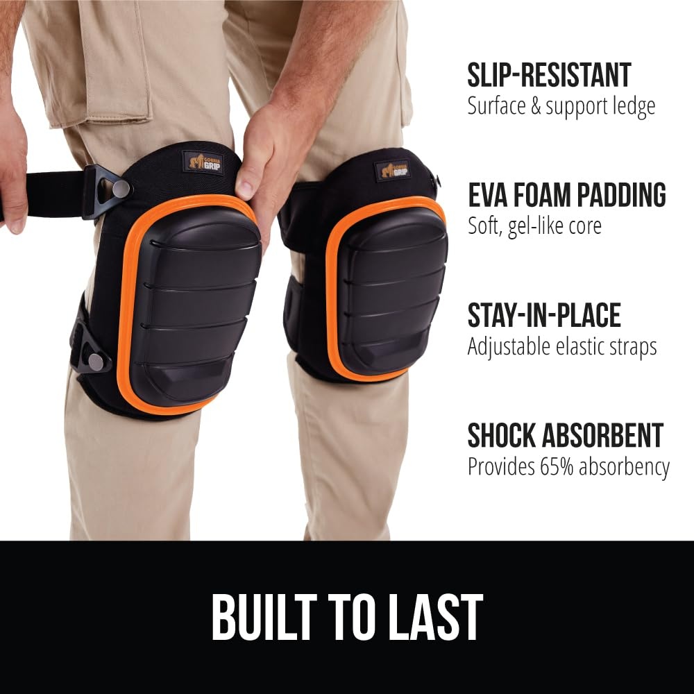 image:imageGORILLA GRIP Knee Pads for Work All Day Comfort Gel Cushion and Soft Foam for Men Slip Resistant Heavy Duty Hard Cap Adjustable Straps for Flooring Construction and Gardening BlackOrange