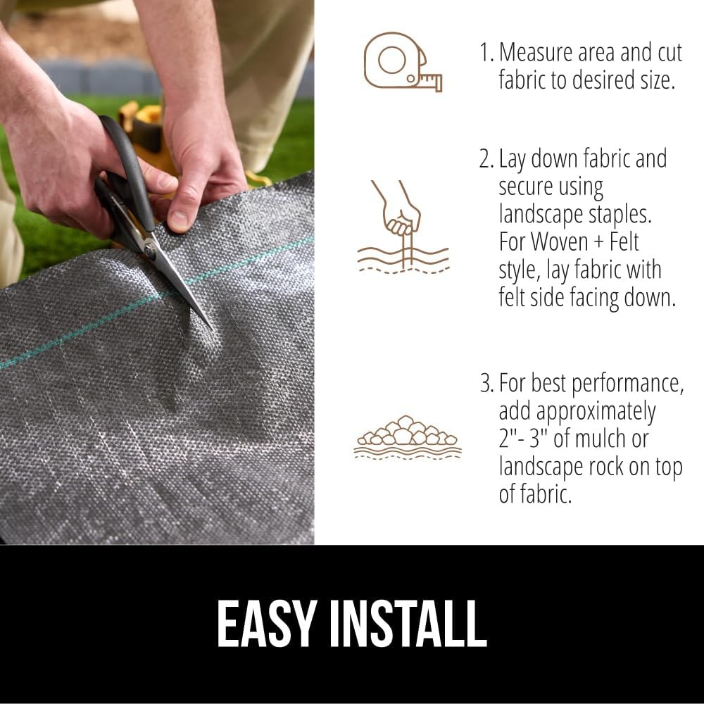 image:imageGORILLA GRIP Weed Barrier Fabric 3 FT x 50 FT Heavy Duty Woven Landscape Fabric 32oz Weed Control Ground Cover for Garden Beds amp Mulch Permeable Underlayment for Landscaping Home amp Commercial Use32 Oz Woven Polypropylene