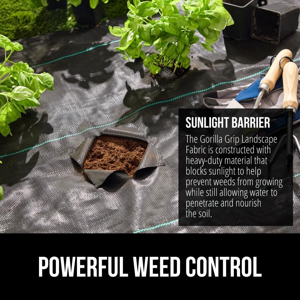image:imageGORILLA GRIP Weed Barrier Fabric 3 FT x 50 FT Heavy Duty Woven Landscape Fabric 32oz Weed Control Ground Cover for Garden Beds amp Mulch Permeable Underlayment for Landscaping Home amp Commercial Use32 Oz Woven Polypropylene